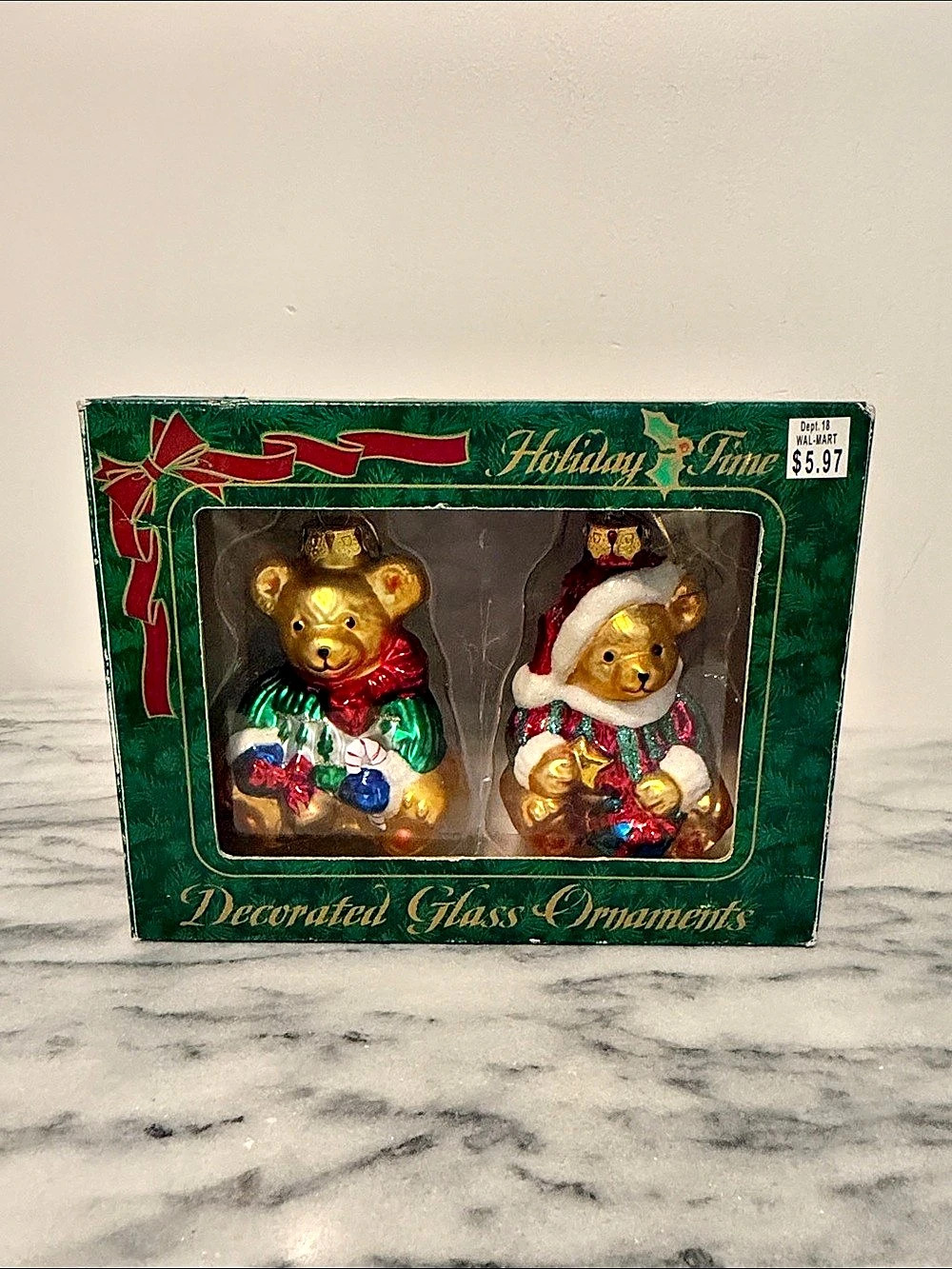 Holiday Time Decorated Glass Ornaments Bear Set of 2